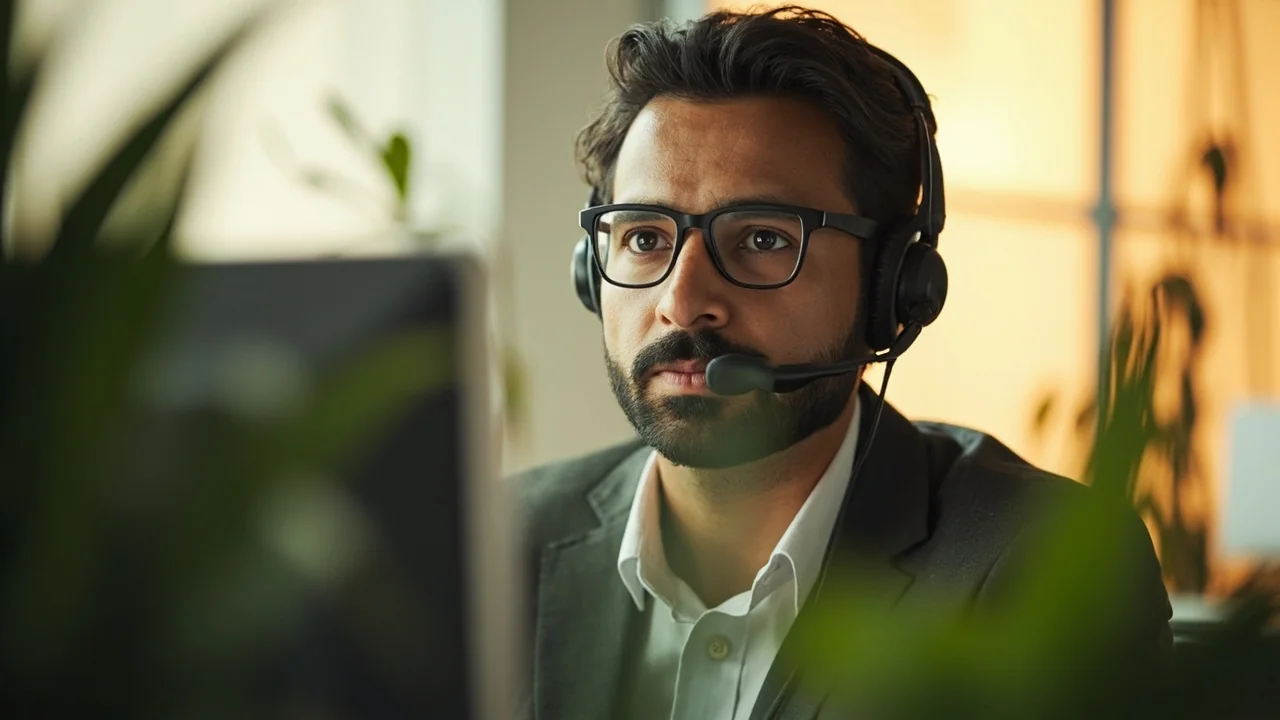 A customer-care agent wearing a headset at a support desk reviewing a tablet screen.