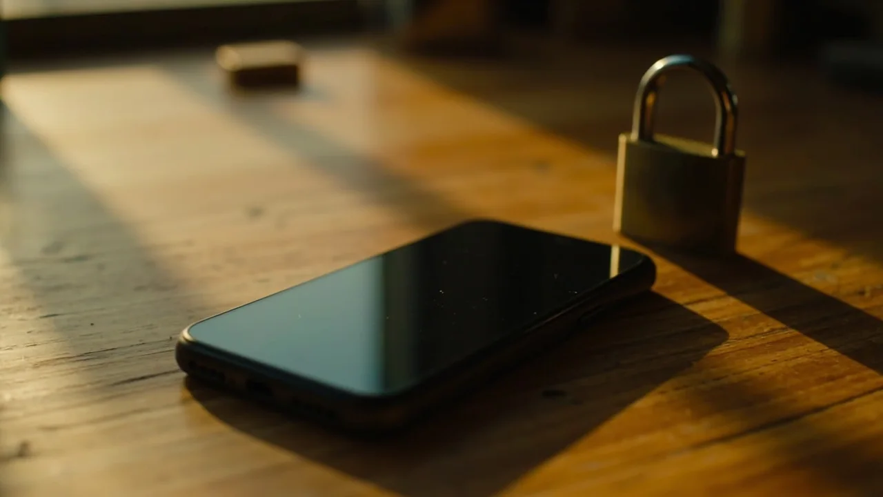 A close-up of a smartphone showing an account-lock screen with the responsible-play reminder card beside it.