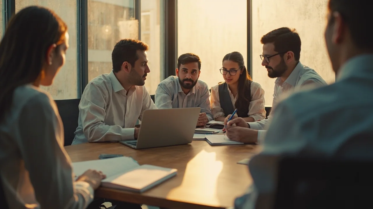 A boardroom meeting room with executives reviewing a slide deck that includes the PlayerzPot operator branding.