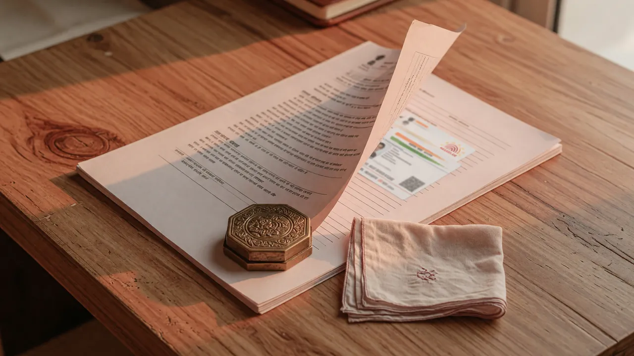 A printed policy document resting flat on a wooden desk beside a small Aadhaar card, late afternoon warm side-light suggesting the privacy desk's verification practice.