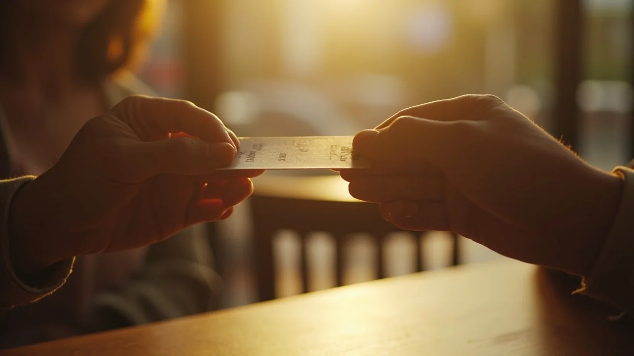 Two friends exchanging a referral card at a cricket match stand, phone screens open beside the card.