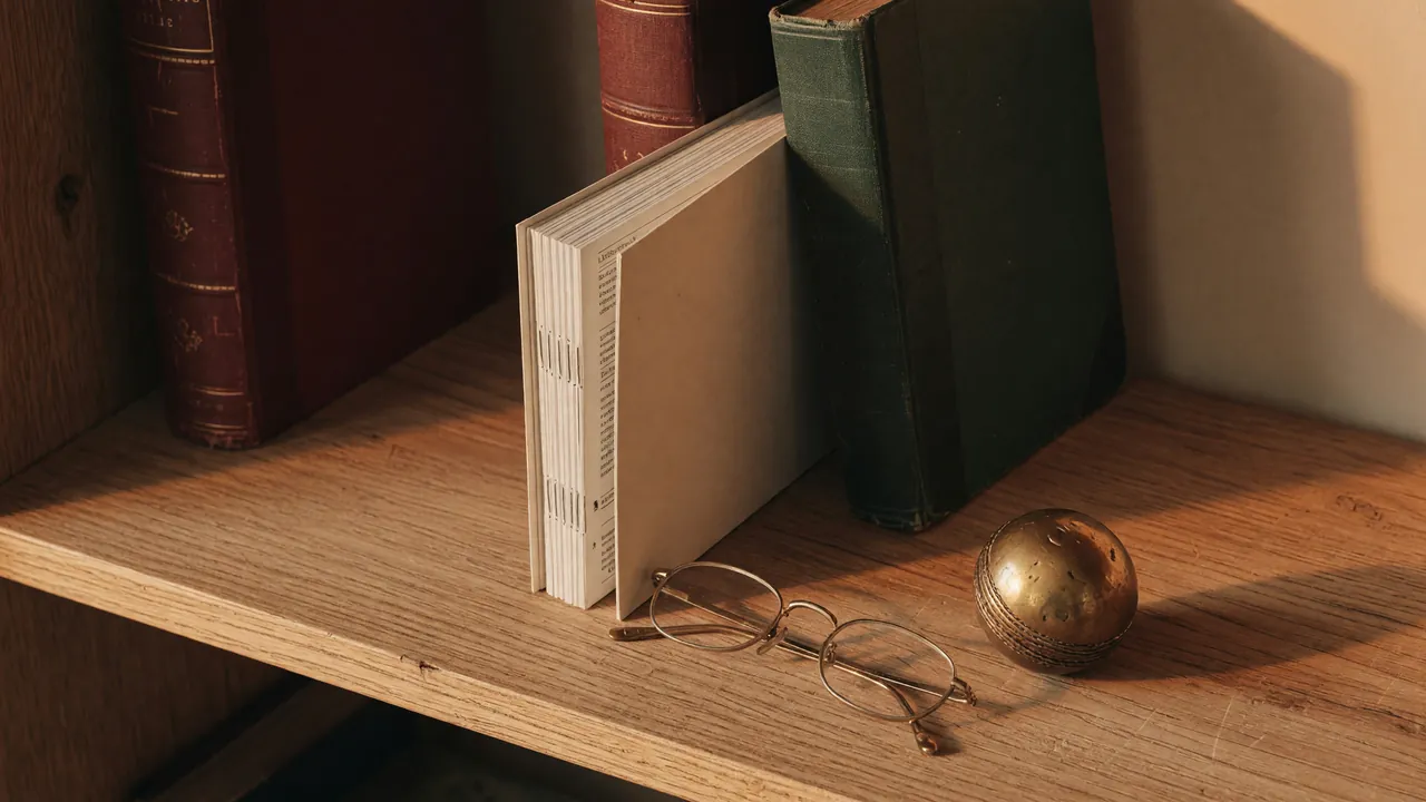 A slim printed rulebook standing on a wooden shelf between hardback reference books, warm late-afternoon light suggesting the rule-bound frame around the terms of use.