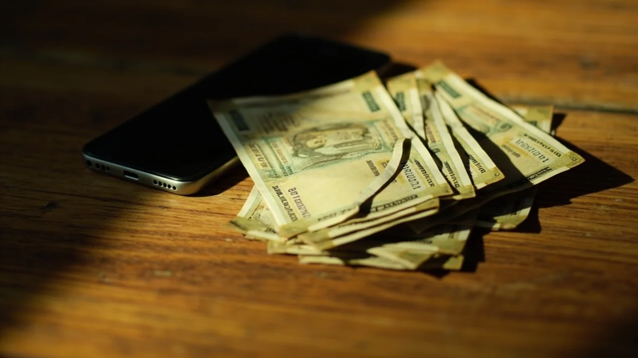 A close-up of a hand holding a smartphone with the in-app wallet screen visible, rupee notes and a PAN card beside it on a desk.