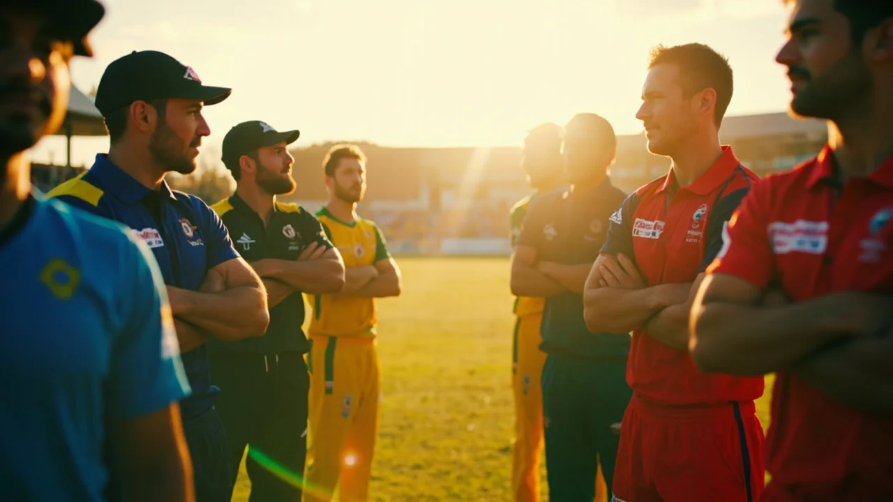 Two smartphones side by side showing different fantasy-cricket app lobbies at golden hour.