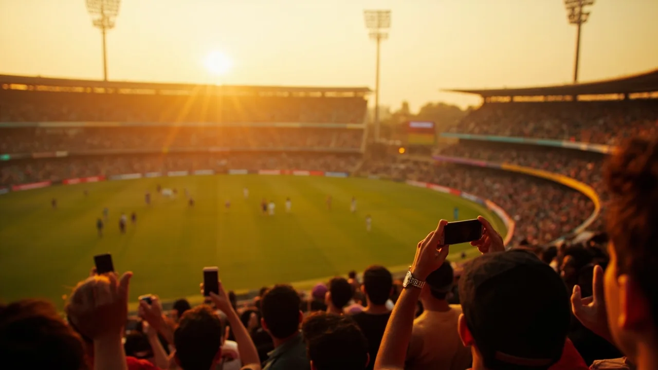 An Indian cricket stadium at golden hour with floodlights just starting to glow above the outfield.