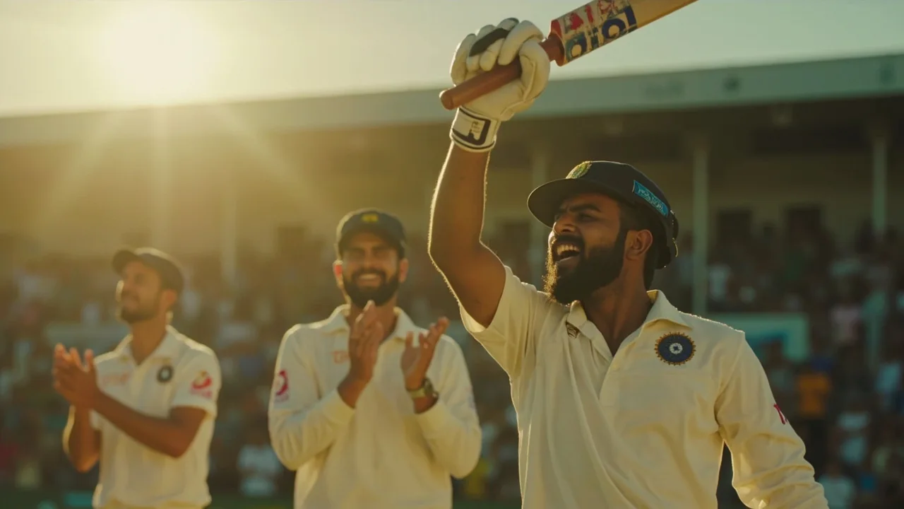 An Indian cricket captain walking out to toss with team-mates lined up behind him.