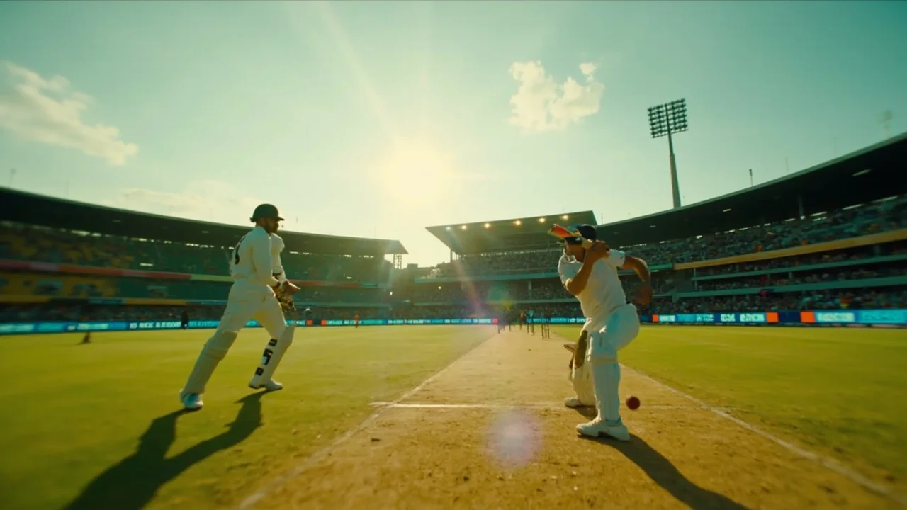 An Indian T20 cricket match in play at a regional stadium under bright afternoon sun.