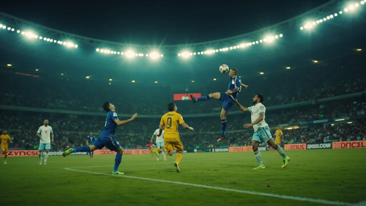 An Indian Super League football match in play under stadium floodlights at night.
