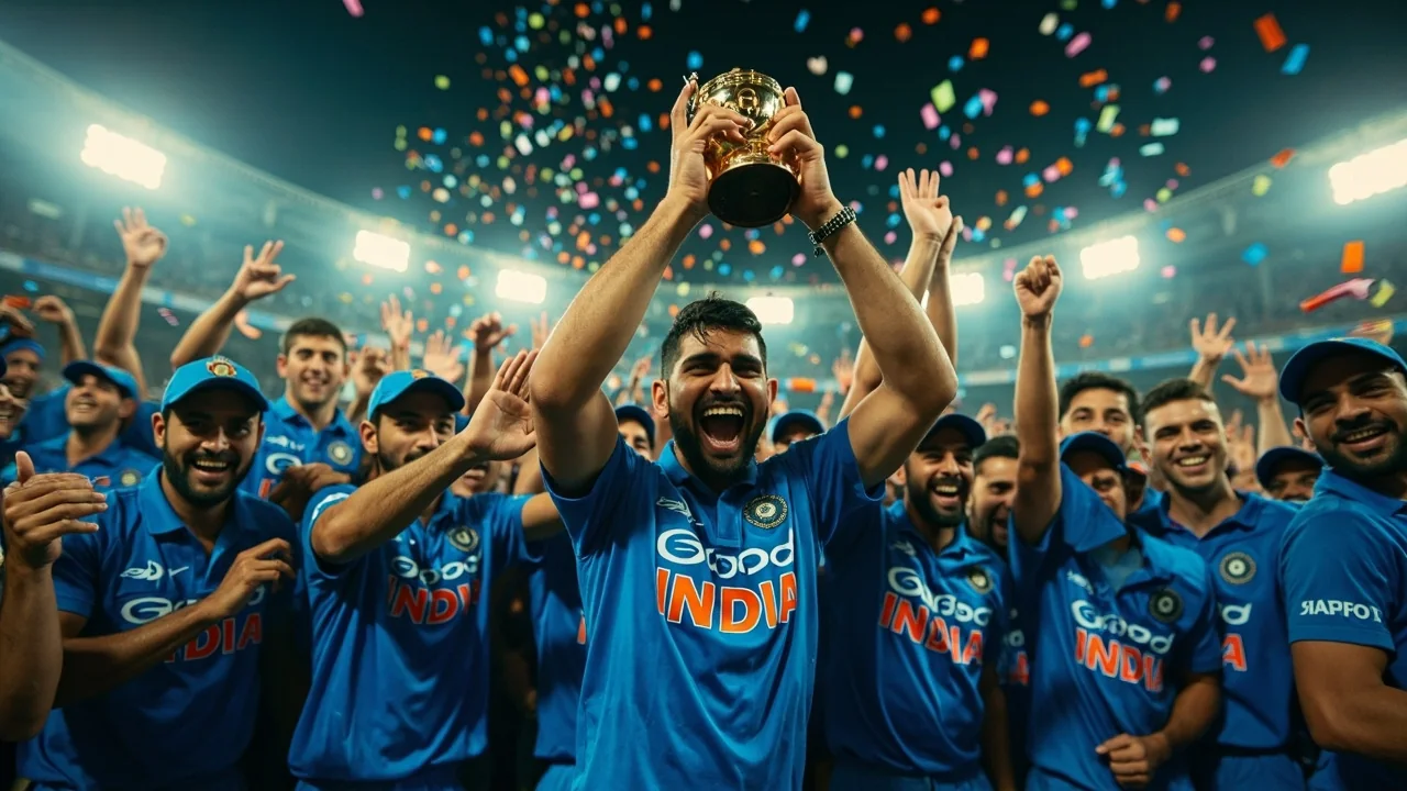 A fantasy-cricket league winner holding a trophy on a podium at a regional tournament.