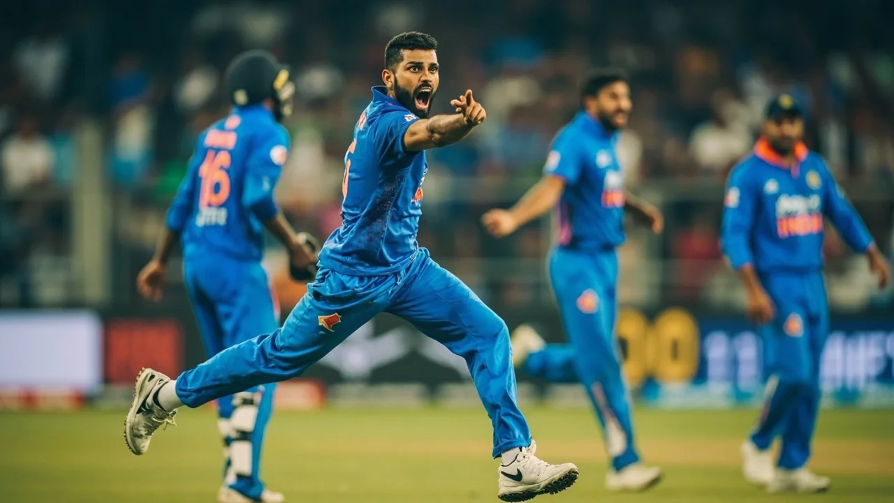 A medium-tactical frame showing a bowler in mid-stride with fielders set at slip and short leg on a turning subcontinental surface.