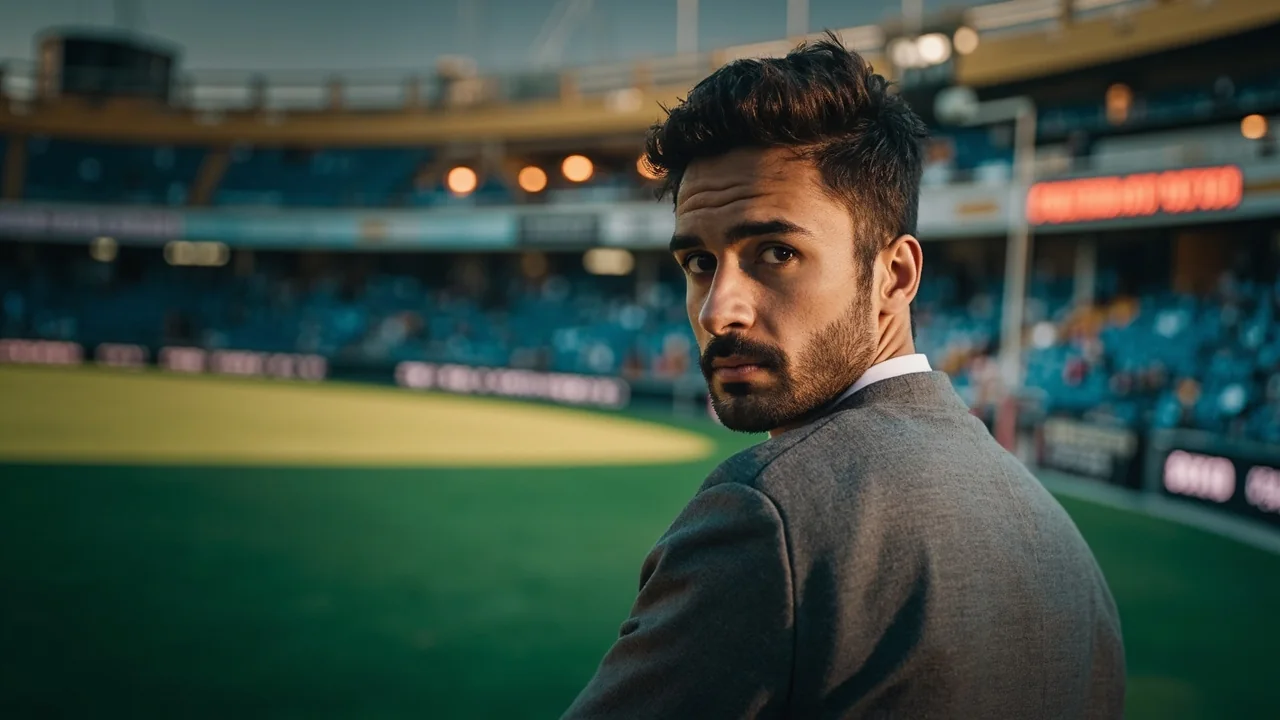 A wide editorial frame of a quiet cricket ground at first light, with the outfield still in shadow and the scoreboard dark — the calm before an offer-driven contest window.