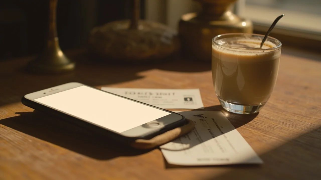 A medium editorial tabletop composition at midday on a wooden desk — a printed bonus card, a slim smartphone in a brown case, a brass paperweight and a half-finished cup of chai in a clear glass. The card is intentionally left blank.