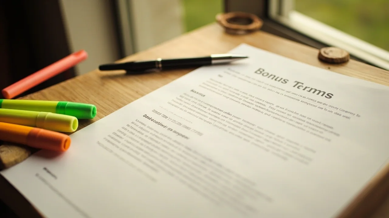 A top-down macro frame of a printed bonus terms sheet on a wooden table near a window, with three highlighters parallel to the paper's left edge and a ballpoint pen resting on the top margin. The text on the sheet is not legible.