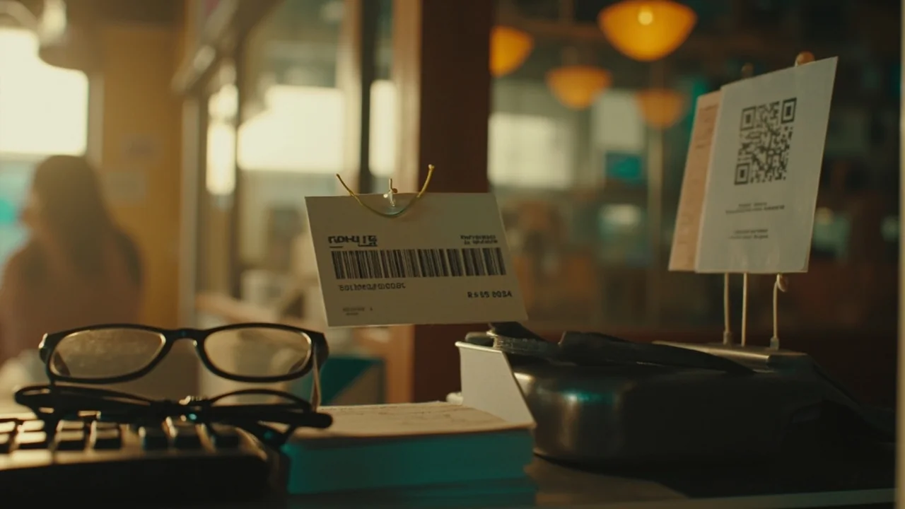 A wide editorial frame of an Indian retail counter at warm dusk, with a small laminated coupon card clipped near a QR placard, a calculator, a receipt pad and a steel cash tray — the moment a campaign figure is read against the surface where the desk's mechanics actually live.