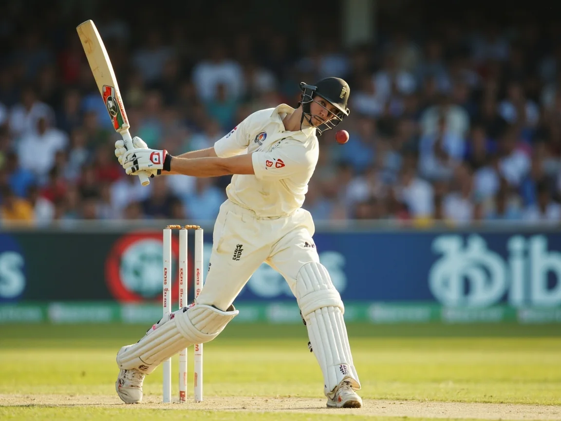 A left-handed batsman completing a cover drive on a warm afternoon.