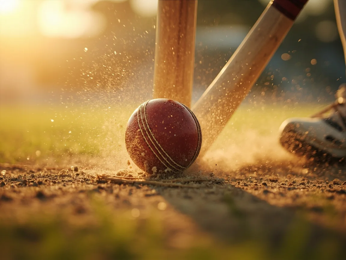 A cricket ball striking stumps in mid-action on a sunlit Indian pitch.