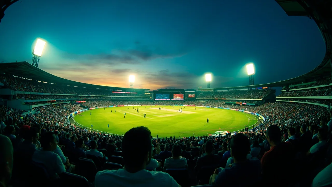An Indian cricket stadium at dusk with floodlights on, spectators watching a match in progress.