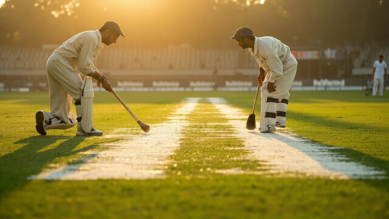 Groundsmen marking fresh white creases on an Indian cricket pitch during late afternoon.